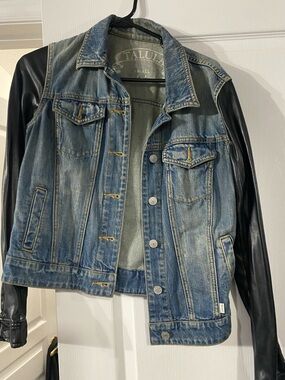 Talula Two-Tone Denim Jacket with Black Faux Leather Sleeves